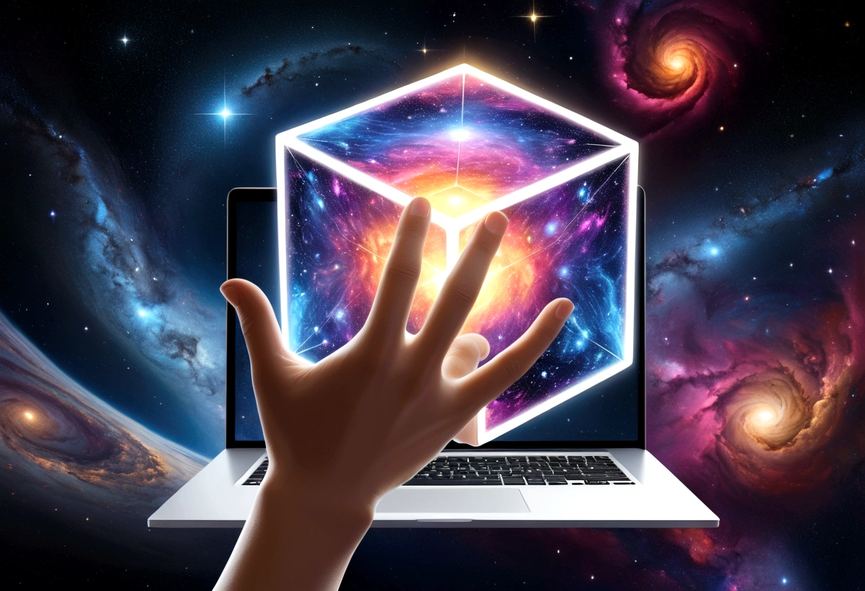 Create an image, which will depict a surreal cube, covered with a complex and vibrant cosmic pattern. The pattern should include vortex galaxies, bright nebulae and shining stars against the backdrop of deep space. One of the faces of the cube should depict an outstretched human hand with realistic skin tones, breaking through the cosmic pattern. Place a modern laptop with the lid open in front of this hand, whose screen appears to be floating in the air. The general atmosphere should evoke a feeling of an endless universe, meeting modern technologies in harmonious combination, 8 k, Best quality,