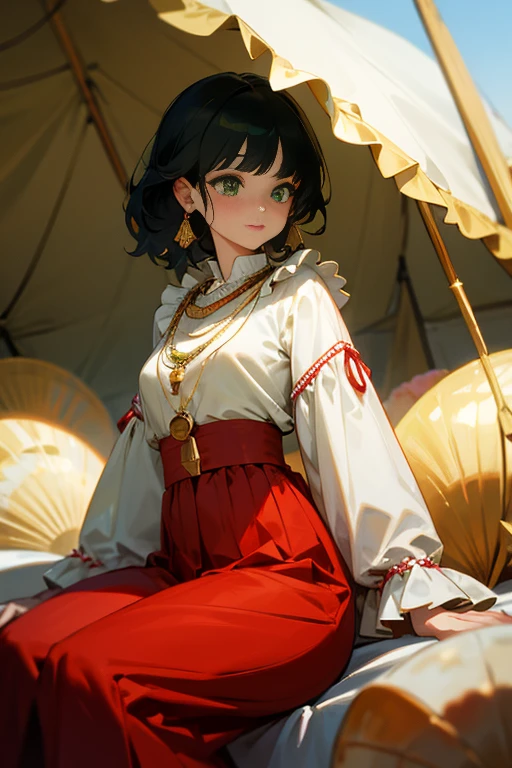 Gypsy with green eyes and black hair, White blouse with gold medal and red skirt with frills, Shell Necklace、Inside the tent、