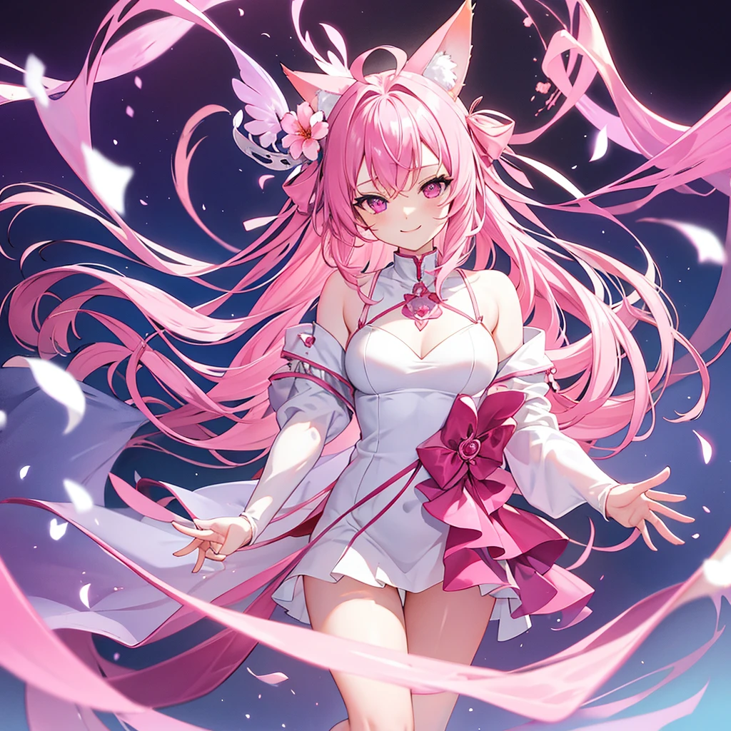 Pink Hair、Pink Eyes、body、Coyote ears、Adult Girls、Floral sky background、White、Hair Ribbon、smile、Thigh Up、