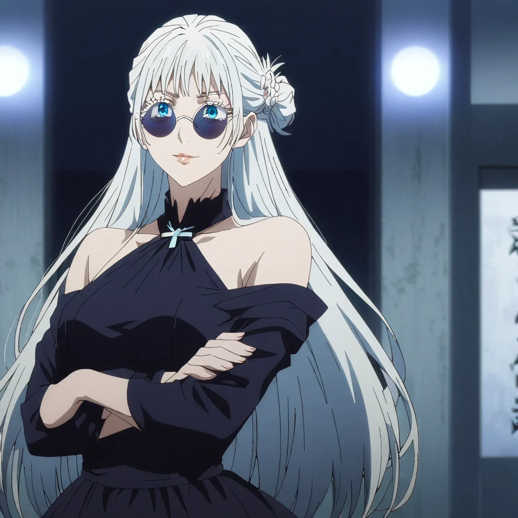 1girl, female gojo satoru, anime screencap from jujutsu kaisen, gojo satoru female version, solo, long_hair, blue eyes, ((white eyelashes)), ((white_hair)), night view, breasts, upper_body, smile, indoors, book, bangs, blue_eyes, lips, (wearing round sunglasses) , ((her hairstyle : The character in the image has long straight white hair)) wearing black color party dress, bare shoulder, breast, "very detailed and high resolution" (blue eyes) ((cross arms)) ((long hair)) ((solo))