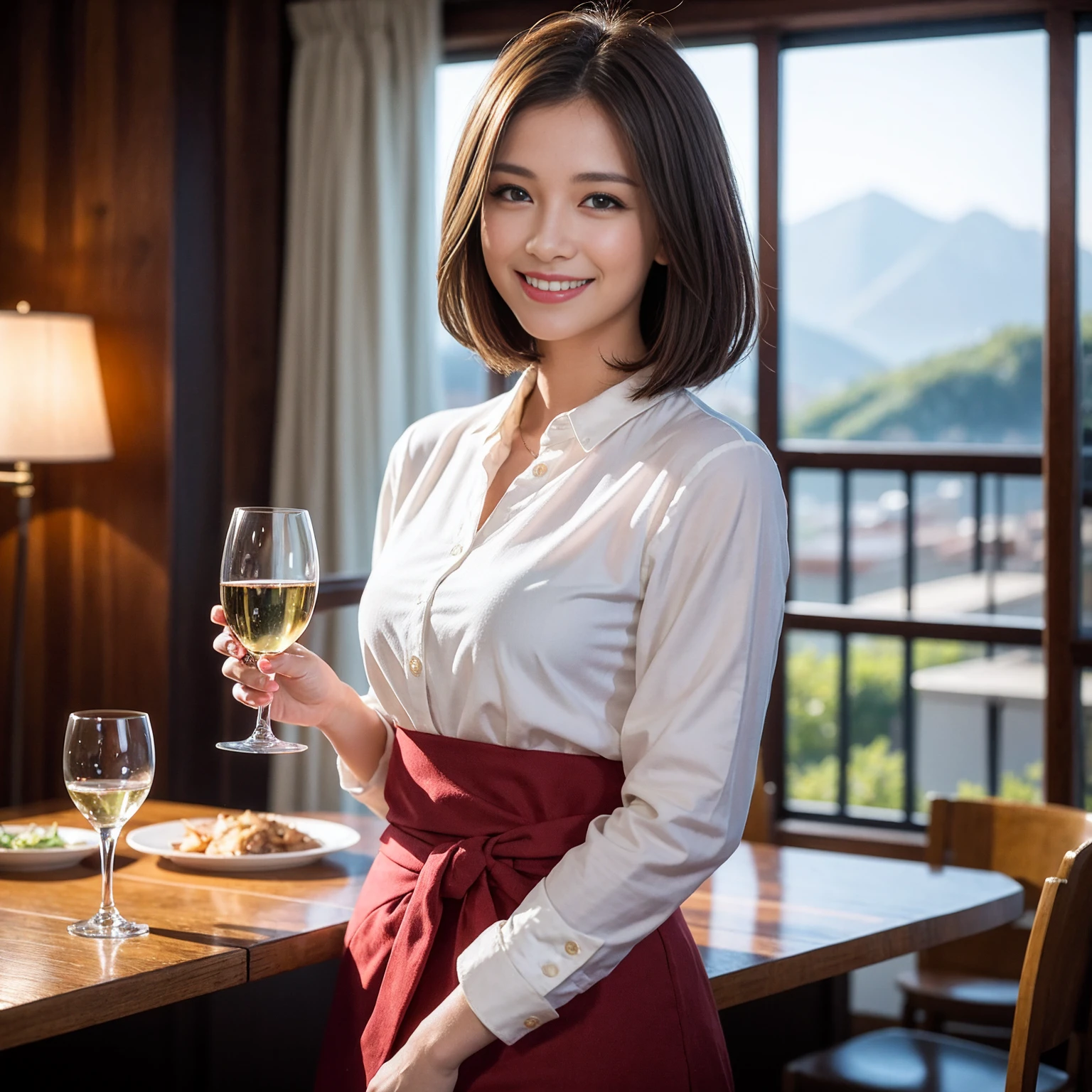 ((Highest quality、8K、masterpiece:1.3))、1 male、1 female、Couple、spouse、Couple、The body is slim、((Bob Hale、Straight hair:1.2)), (Realistic, Intricate details:1.2), テーブルの上のwine glass、Put the light on your face、 Amazing view of the sunset sky and clouds、Amazing mountain views、A bright smile、The wonderfulness of smile、Bright image、The beauty of wine, Beautiful Face, blue eyes, The light shines on your face, Blushing, short hair,Bright Face、 (Age 37), 39 years old, red wine 、Appetizers、Italian food、Wine bottle、Champagne、sparkling wine、Two beauties、Brown Hair、Shortcuts、Long sleeve shirt、dress、Beautiful woman 1, (slimな顔), (The body is slim), (Brown Hair), (Shortcuts), cheeks turn a little red,Attractive beauty、restaurant, In a prominent place (From the waist up) Nova Frog Style, actress, model, Upper Body, White wine, slim, wine glass, 中央に置かれたwine glass, smile, (smile: 1.15), Beautiful fine grain, Depth f/2,saturation, High Contrast, Strong light and shadow,Moist Body:1.5、3D texture、Delicate eyes、Brown Hair、The hair is very shiny、