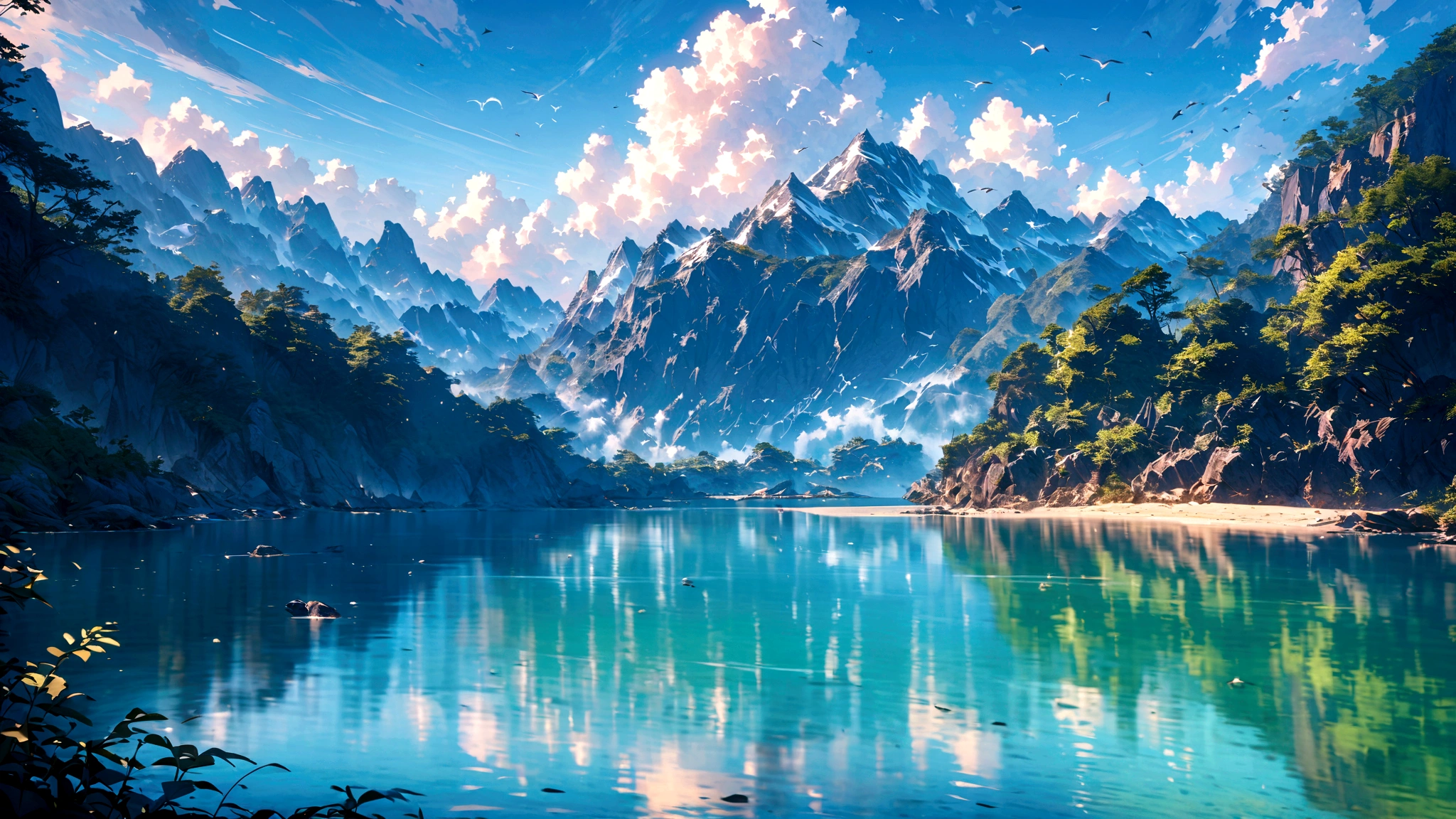 ((best quality,4K,8K,high resolution,masterpiece:1.2),Extremely detailed,(Practical,photoPractical,photo-Practical:1.37),(illustration : 1.0), Epic Composition, Realistic lighting, High-resolution details, masterpiece, Best quality, (Highly detailed CG integrated 8k wallpaper) , Chinese style(Chinese style插画)Blue sky,White Cloud,birds in the distance,Sea,Great prospects,Vision,landscape,Waves,peaceful,peaceful,fresh air,peaceful的气氛,Endless Horizon,Vibrant colors,sky reflection on Sea surface,Lush greenery,The trees swayed,trunk,Mountains in the background,Magnificent beauty of nature,Land and sea,relaxing environment, Background only, Only the view,