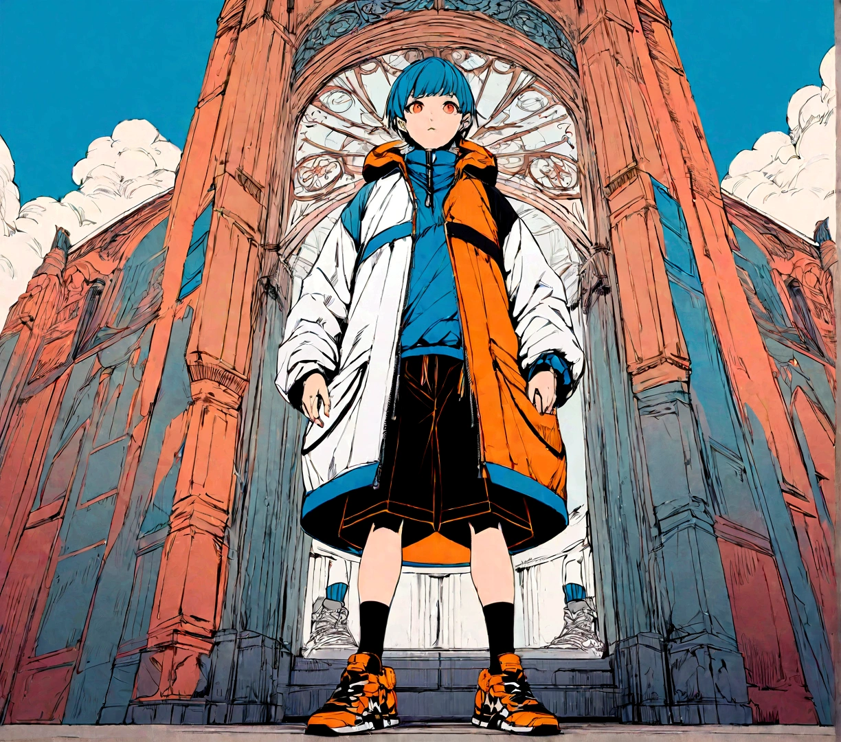 Create an illustration of a boy standing in a similar pose and setting as the girl in the attached image. The boy should be wearing the same color combination, including a large coat, a skirt (or shorts), socks, and sneakers. The background should maintain the same architectural style and level of detail."