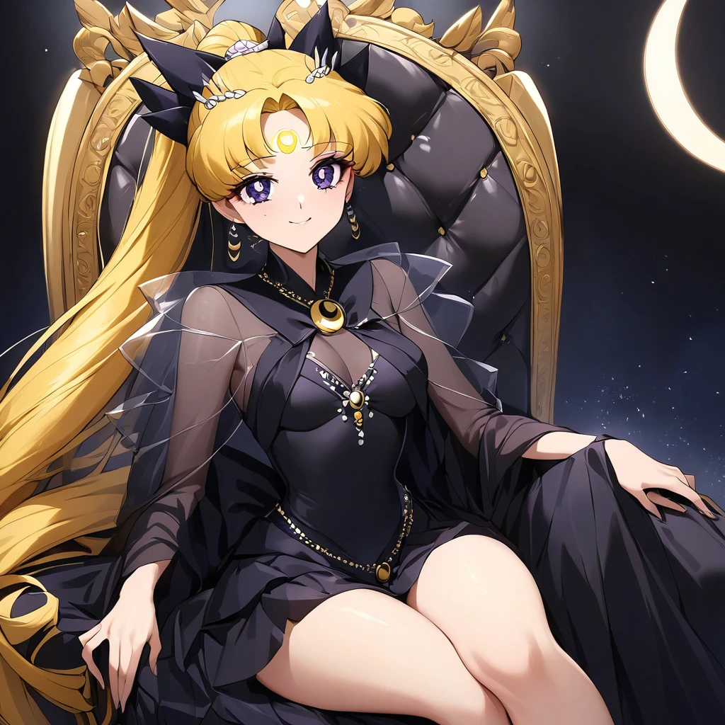 ((Highest quality)), ((masterpiece)), (detailed), （Perfect Face）、Black moon mark on forehead、The woman is Black Serenity, the noble dark queen of the Black Moon clan and has blonde hair.２A woman with long hair tied up in a ponytail is Princess Serenity, sitting on a luxurious throne.、The woman has a black inverted crescent moon mark on her forehead, a gorgeous and glittering black gothic Victorian dress, a black veil and a black see-through cape, and is wearing luxurious jeweled accessories. She is the Queen of Darkness, the jet-black Princess Serenity, looking at the camera with a happy expression, and has the expression of a maiden in love.