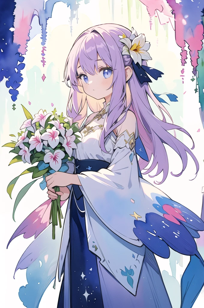 masterpiece, Highest quality, Girl with a bouquet, Ethereal and magical atmosphere, peaceful, colorful, Iris Compié, watercolor \(Moderate\)