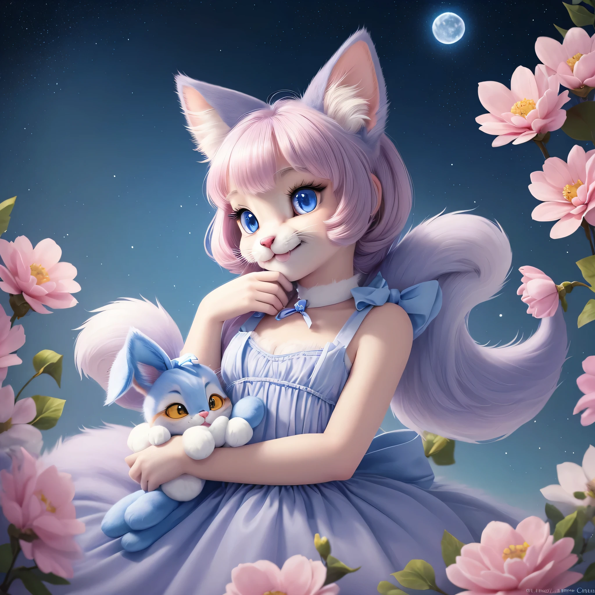 A kitten with a tiny tail, a small nose, Little Ears, blue colored eyes, pink back ground, flowers, vases, dreams, gaping mouth, ssmile, Caroline Chariot-Dayez pastries, tumblr, furry art,  disney's bambi cat, disney stylized furry, ears floating, cuddly tail, cuddly '', cuddly !!!, high resolution, furry art!!! the moon, small in size