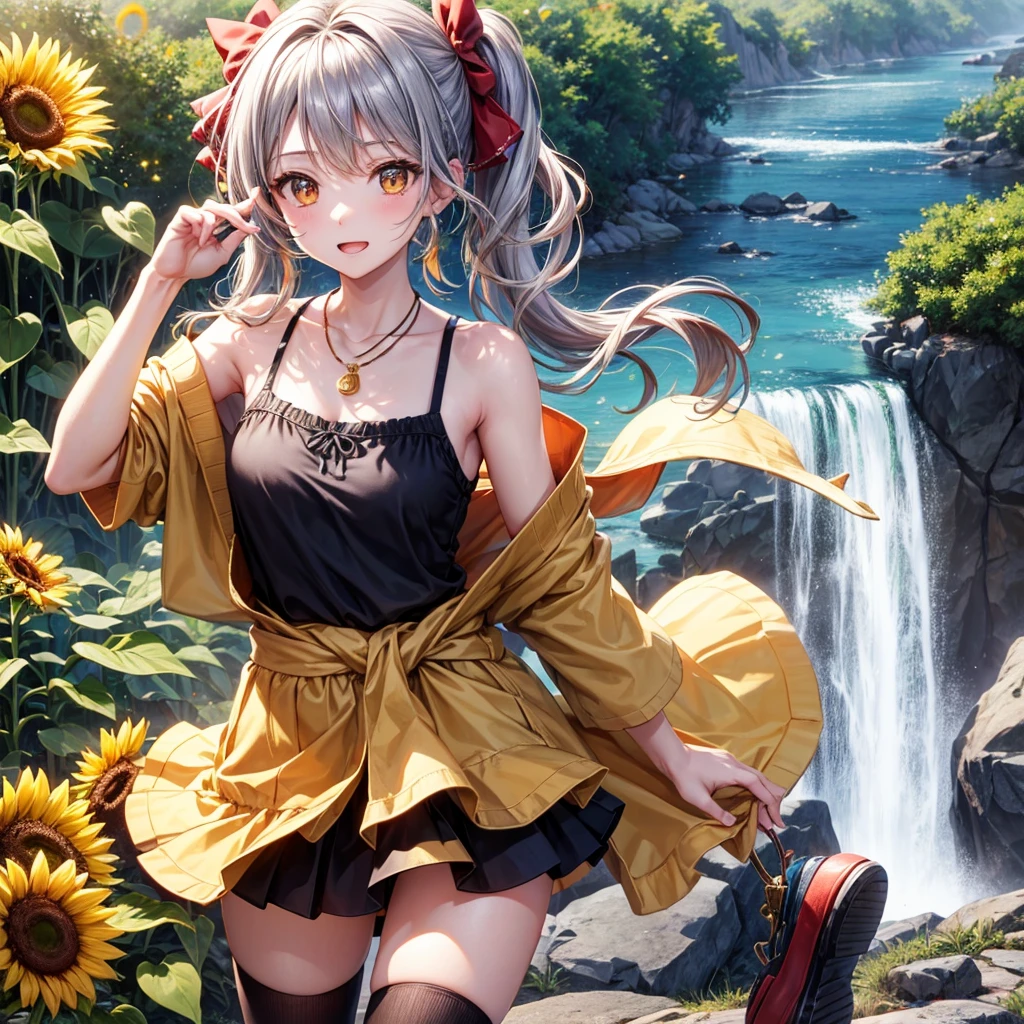 Red, brown, gold, gold hair、Golden Eyes、Hair tied up、One good looking girl、solo、anime、Checkered mini skirt、Ruffles on the skirt、camisole、Lightweight cardigan、Black knee-high socks、Wearing a baseball cap、Ribbon、Ribbon on waist、Teeth are visible、Silver coin necklace、From above、Sunflower Tunnel、Cobblestones、waterfall、Have sunflowers、Starry Sky、Midnight Moon、Winding Road、Unlocking、suspension bridge、Soap bubbles are flying