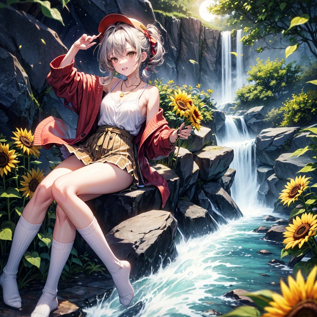 Red, brown, gold, gold hair、Golden Eyes、Hair tied up、One good looking girl、solo、anime、Checkered mini skirt、Ruffles on the skirt、camisole、Lightweight cardigan、Black knee-high socks、Wearing a baseball cap、Ribbon、Ribbon on waist、Teeth are visible、Silver coin necklace、From above、Sunflower Tunnel、Cobblestones、waterfall、Have sunflowers、Starry Sky、Midnight Moon、Winding Road、Unlocking、suspension bridge、Soap bubbles are flying