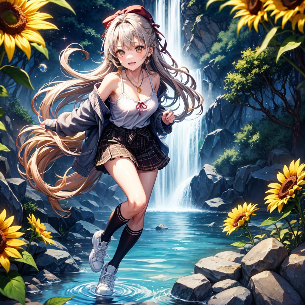 Red, brown, gold, gold hair、Golden Eyes、Hair tied up、One good looking girl、solo、anime、Checkered mini skirt、Ruffles on the skirt、camisole、Lightweight cardigan、Black knee-high socks、Wearing a baseball cap、Ribbon、Ribbon on waist、Teeth are visible、Silver coin necklace、From above、Sunflower Tunnel、Cobblestones、waterfall、Have sunflowers、Starry Sky、Midnight Moon、Winding Road、Unlocking、suspension bridge、Soap bubbles are flying