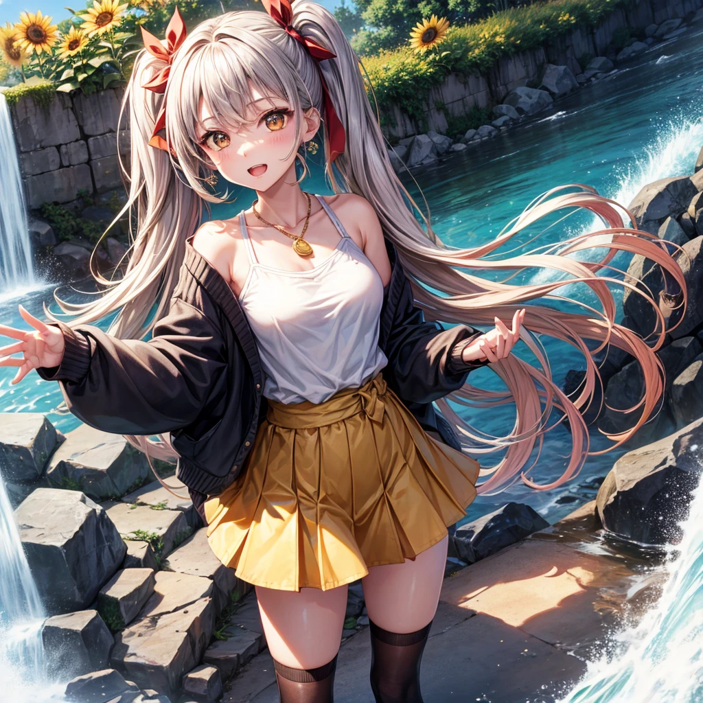 Red, brown, gold, gold hair、Golden Eyes、Hair tied up、One good looking girl、solo、anime、Checkered mini skirt、Ruffles on the skirt、camisole、Lightweight cardigan、Black knee-high socks、Wearing a baseball cap、Ribbon、Ribbon on waist、Teeth are visible、Silver coin necklace、From above、Sunflower Tunnel、Cobblestones、waterfall、Have sunflowers、Starry Sky、Midnight Moon、Winding Road、Unlocking、suspension bridge、Soap bubbles are flying