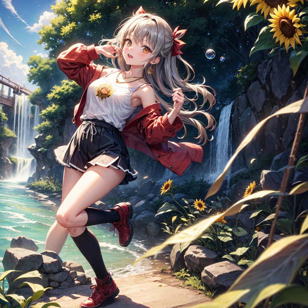 Red, brown, gold, gold hair、Golden Eyes、Hair tied up、One good looking girl、solo、anime、Checkered mini skirt、Ruffles on the skirt、camisole、Lightweight cardigan、Black knee-high socks、Wearing a baseball cap、Ribbon、Ribbon on waist、Teeth are visible、Silver coin necklace、From above、Sunflower Tunnel、Cobblestones、waterfall、Have sunflowers、Starry Sky、Midnight Moon、Winding Road、Unlocking、suspension bridge、Soap bubbles are flying