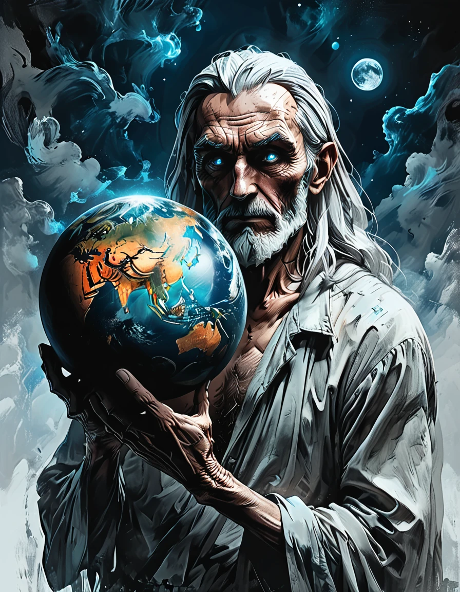 ball in hands,
Elderly Man holds in his hands the planet earth, outer space, vishai, a giant grandfather between whose hands is the earth, geometric composition,, Elderly, [Nordic] anorexic , Long gray hair, Old white skin, Round blue eyes, Oval faces, anorexic small neck, Thin nude Lips, Bold Tapered gray Eyebrows, snub nose, Hunched Shoulders, Slim Thighs, anorexic Slim arms legs and breast, High Angled Cheekbones, Hollow Cheeks, Rounded Chin, Rounded Jawline, Attached Pointed ears, round forehead,       graphic style of novel comics, perfect hands, 2d,
8k, hyperrealism, masterpiece, high resolution, best quality, ultra-detailed, super realistic, Hyperrealistic art, high-quality, ultra high res, highest detailed, lot of details, Extremely high-resolution details, incredibly lifelike, colourful, soft cinematic light,