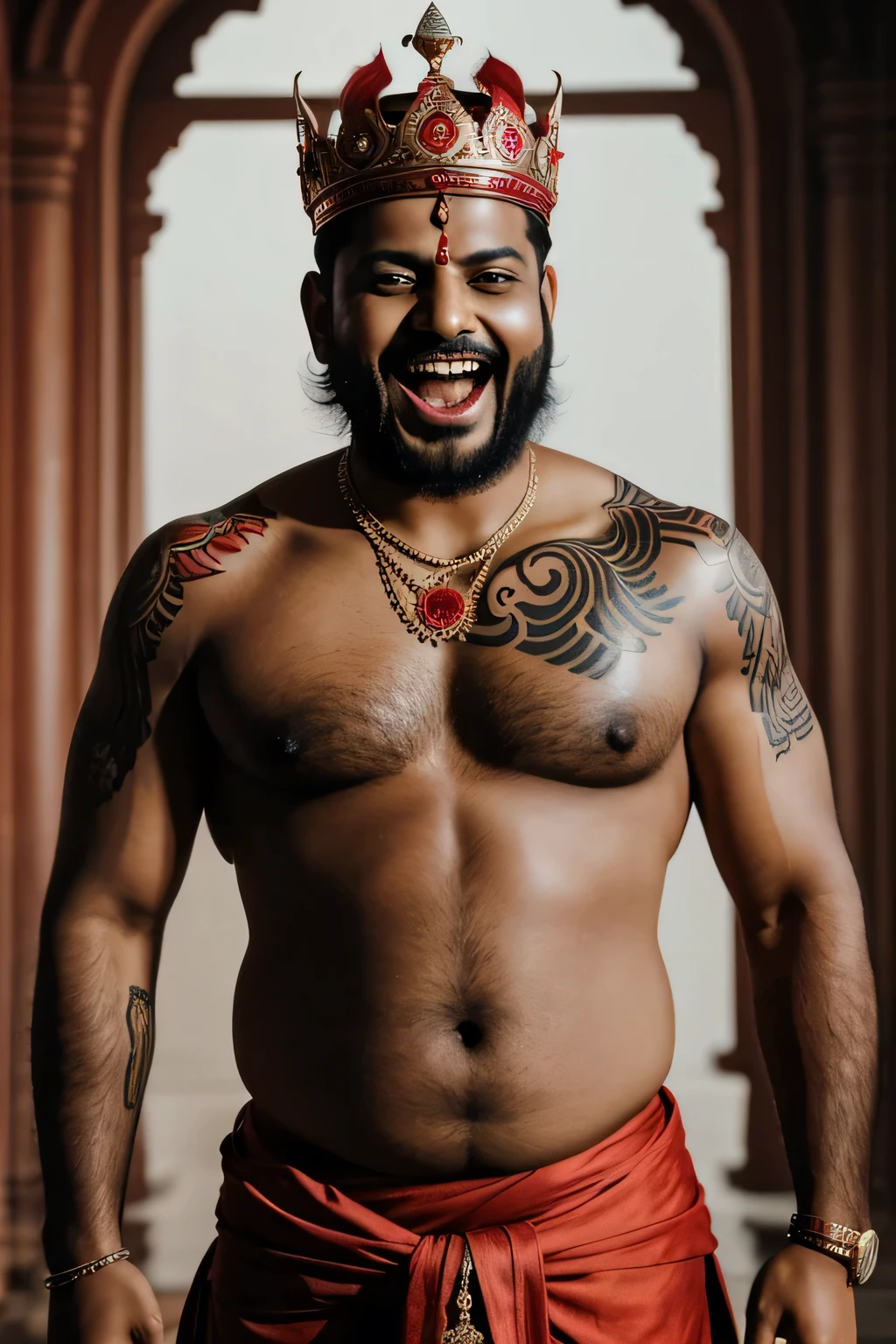 A Indian king who is laughing like a devil with his mouth open, red eyes, belly protruding, tattoo in pure body, naked