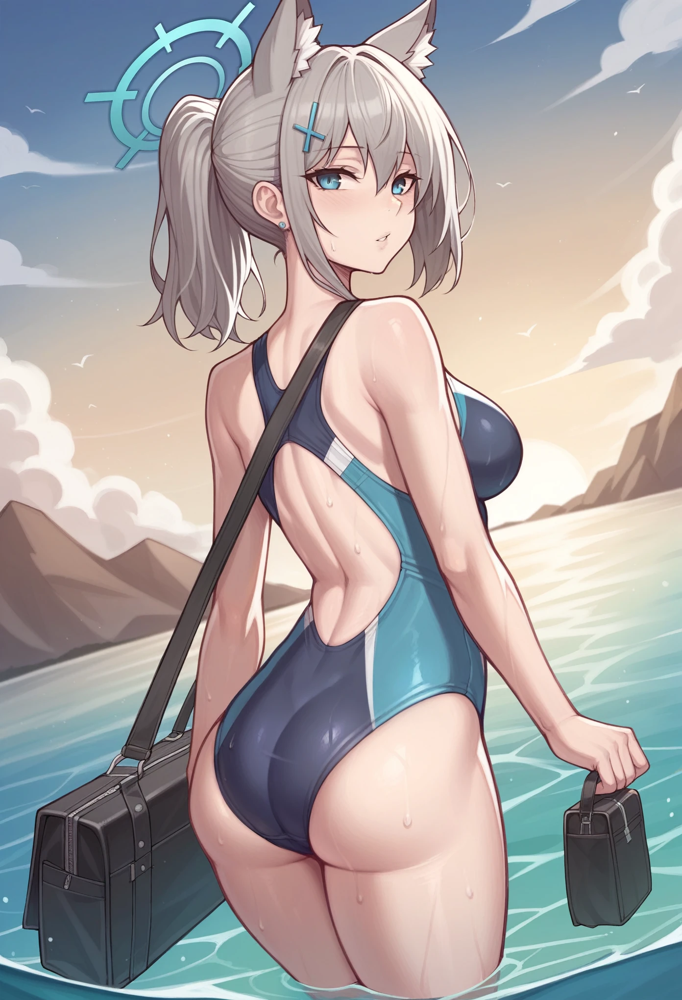 _asura style, 1girl, shiroko_(blue_archive), solo, shiroko_(swimsuit)_(blue_archive), swimsuit, animal_ears, halo, extra_ears, one-piece_swimsuit, blue_eyes, animal_ear_fluff, looking_at_viewer, bag, grey_hair, hair_ornament, competition_swimsuit, outdoors, ass, blush, mismatched_pupils, ocean, sunset, bangs, wet, earrings, jewelry, cowboy_shot, parted_lips, breasts, cross_hair_ornament, ponytail, water, horizon, duffel_bag, medium_hair, dutch_angle, bare_shoulders, sky, bare_arms, inverted_cross, shoulder_bag, looking_back