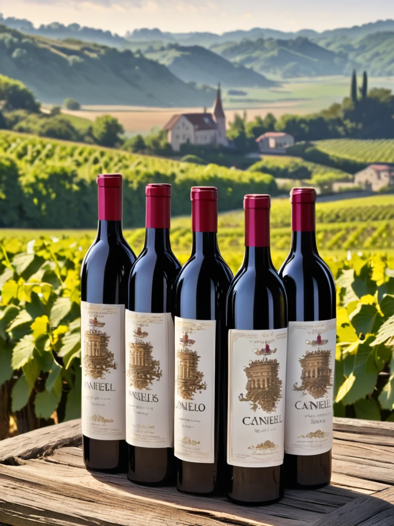 Vintage masterpiece, bottles of Bordeaux wine and cannelés, background vineyards