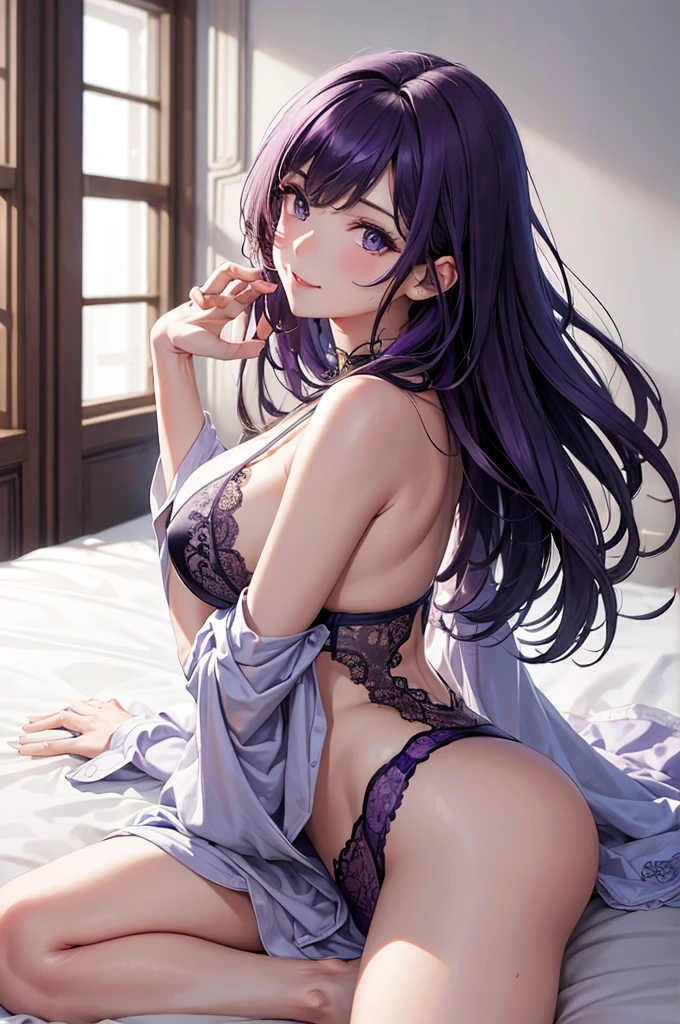 (Best Quality,High resolution,8K,finelity detailed background,Masterpiece:1.2),beautiful girl,Shiny purple hair,messy hair,Purple Eyes,Gentle look,A refreshing look,Best quality,Best Quality,Aesthetic and aesthetic:1.2,Best details((Super detailed))(High-definition CG illustrations),Blue underwear (blue,intricate lace),Slender body,night,Moonlight,Bedroom,On the bed,smile,blush,cute,Scrounge,Looking up,Being spoiled,super model,wariza
