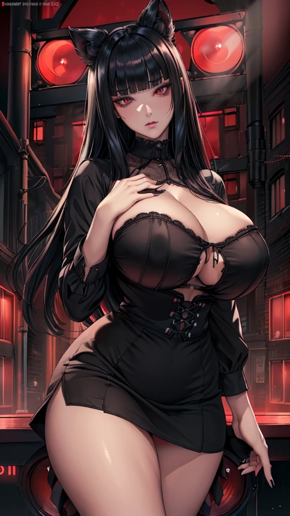 (in 16K、A high resolution、Best Quality、 masuter piece、unreal engine、amine、top-quality、From the thighs up:1.2),(Natural Skin Texture、Detailed skin、Beautiful skin、ultra sharpness),intricate detailes、Extraordinary beauty,(((gigantic breasts,voluptuous body、1 cute woman,20 to 25 years old,adult lady,Black nails,))),(an extremely cute and beautiful face:1.2),(((,big eyes,sharp eyes,eye bags,eyelash extension,pale skin,black hair,very long straight hair,jirai fashion))),(独奏,blunt bangs,empty eyes,Expressionless,darkness,Dark atmosphere,streaked hair:1.6)(It was those,dress shirt,High Waist Skirt:1.3),(Late Night,Red Light District,dim:1.5),