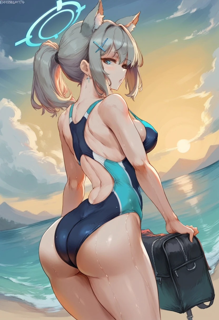 Cutesexyrobutts style, 1girl, shiroko_(blue_archive), solo, shiroko_(swimsuit)_(blue_archive), swimsuit, animal_ears, halo, extra_ears, one-piece_swimsuit, blue_eyes, animal_ear_fluff, looking_at_viewer, bag, grey_hair, hair_ornament, competition_swimsuit, outdoors, ass, blush, mismatched_pupils, ocean, sunset, bangs, wet, earrings, jewelry, cowboy_shot, parted_lips, breasts, cross_hair_ornament, ponytail, water, horizon, duffel_bag, medium_hair, dutch_angle, bare_shoulders, sky, bare_arms, inverted_cross, shoulder_bag, looking_back