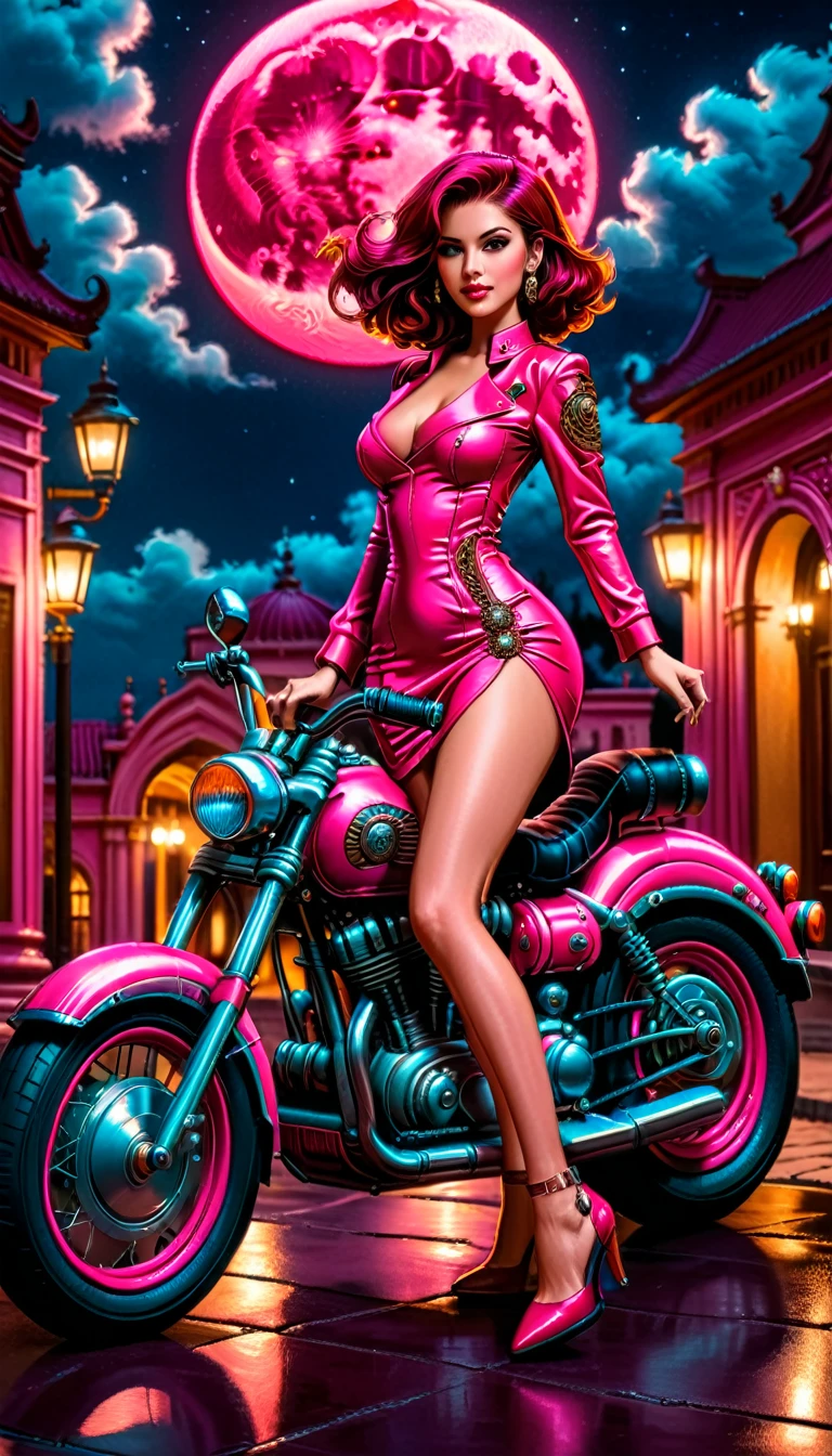 an intricate  picture of an exquisite woman standing near her legendary vintage (pink motorcycle: 1.3), a glam beautiful, woman, medium hair cut, dynamic color hair, intense gaze, elegant intricate dress, burgundy red dress, standing near her epic vintage  (pink motorcycle: 1.3), it is night time, moon light, some clouds, there is an entrance to torch lit entrance to a palace in the background, ral-embroideredpatch, best details, best quality, 16k, [ultra detailed], masterpiece, best quality, (extremely detailed), dynamic angle, full body shot,