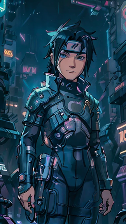 best quality,masterpiece,1boy,solo,(((13years old))),japanese boy,an extremely cute and handsome hoy,highly detailed handsome face and eyes,petit,cute face,lovely face,baby face,shy smile,show teeth, Black hair,short hair,flat chest,skinny,slender,(((Uchiha Sasuke wearing Cyberpunk Bodysuit))),(((standing in Dark Midnight Neon Glow light Cyberpunk Gotham city))),he is looking at the viewer,