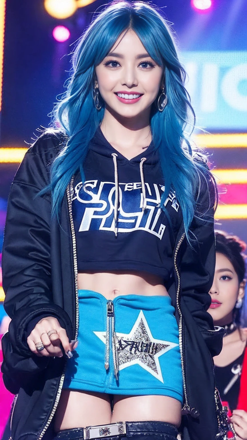Messy Hair, Blue Hair, replace, Rock star hairstyles and outfits, Glam Rock Makeup, smile, Blue lipstick, Festival Stage, Blue no-zip hoodie, cropped hoodie, Big Breasts, bikini, Bright colors, Vibrant colors, Bright Blue Eyes, jewelry