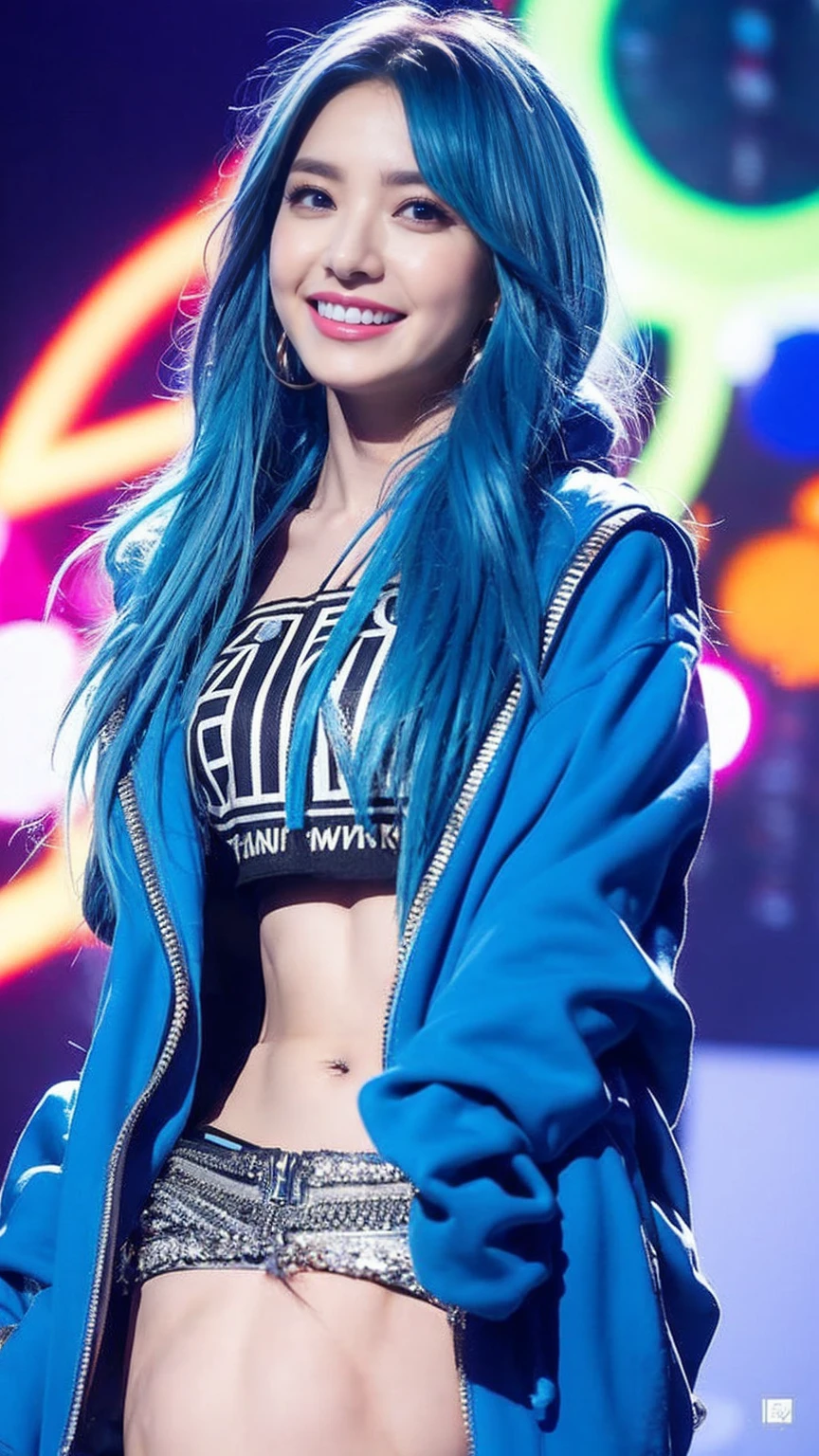 Messy Hair, Blue Hair, replace, Rock star hairstyles and outfits, Glam Rock Makeup, smile, Blue lipstick, Festival Stage, Blue no-zip hoodie, cropped hoodie, Big Breasts, bikini, Bright colors, Vibrant colors, Bright Blue Eyes, jewelry
