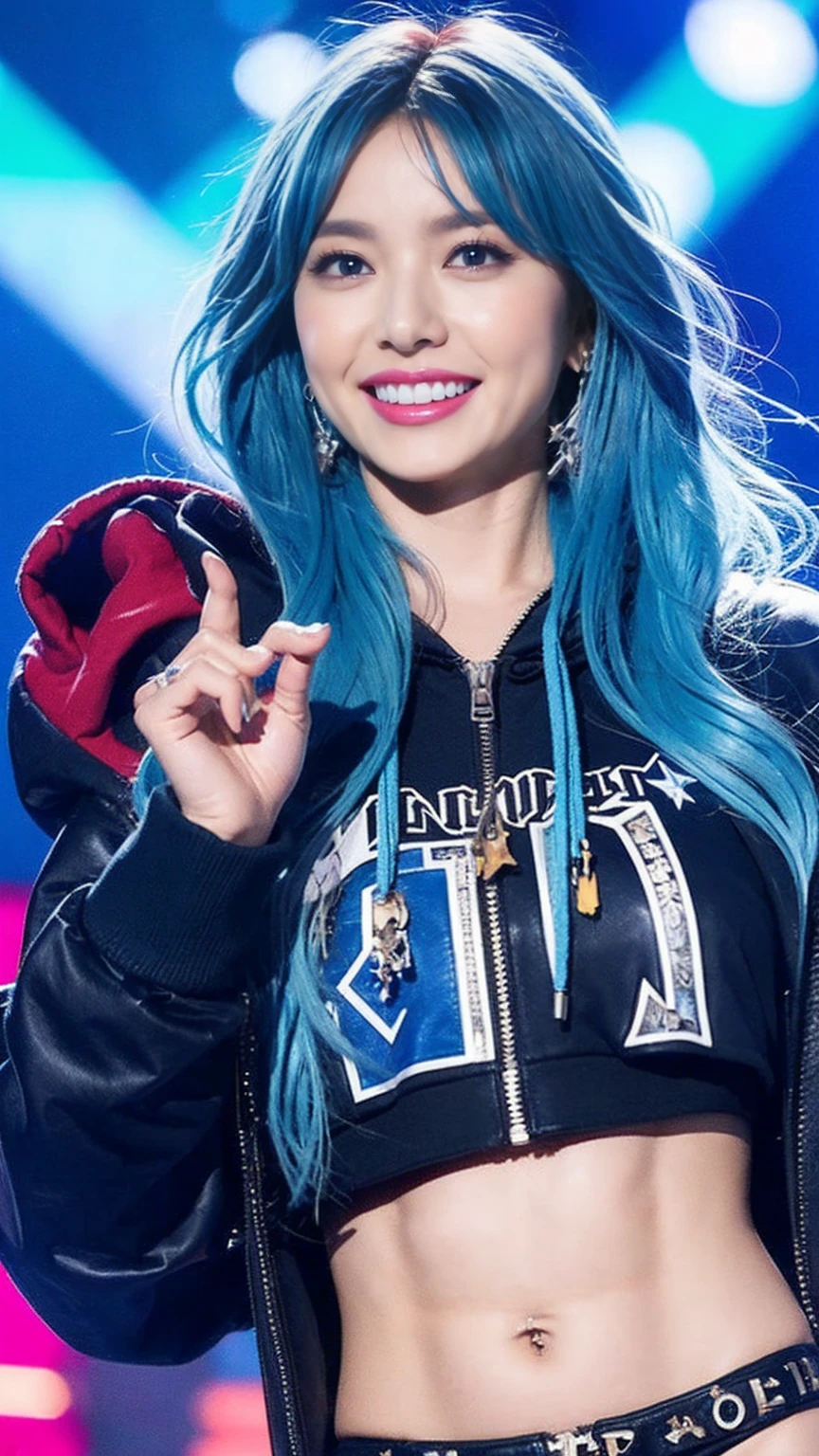 Messy Hair, Blue Hair, replace, Rock star hairstyles and outfits, Glam Rock Makeup, smile, Blue lipstick, Festival Stage, Blue no-zip hoodie, cropped hoodie, Big Breasts, bikini, Bright colors, Vibrant colors, Bright Blue Eyes, jewelry
