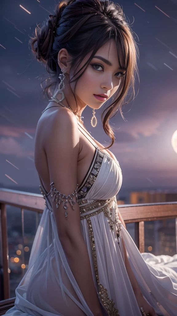 a fantasy scene of diamonds raining across the sky, a young woman standing in the middle of the rain, her dress and hair flowing elegantly, a surreal and dreamlike atmosphere, highly detailed, cinematic lighting, hyper realistic, 8K, masterpiece, digital art, vibrant colors, dramatic, awe-inspiring, ethereal, otherworldly, glowing diamonds, sparkling effects, volumetric lighting, intricate details, cinematic composition, dramatic shadows and highlights, photorealistic, seamless blend of realism and fantasy