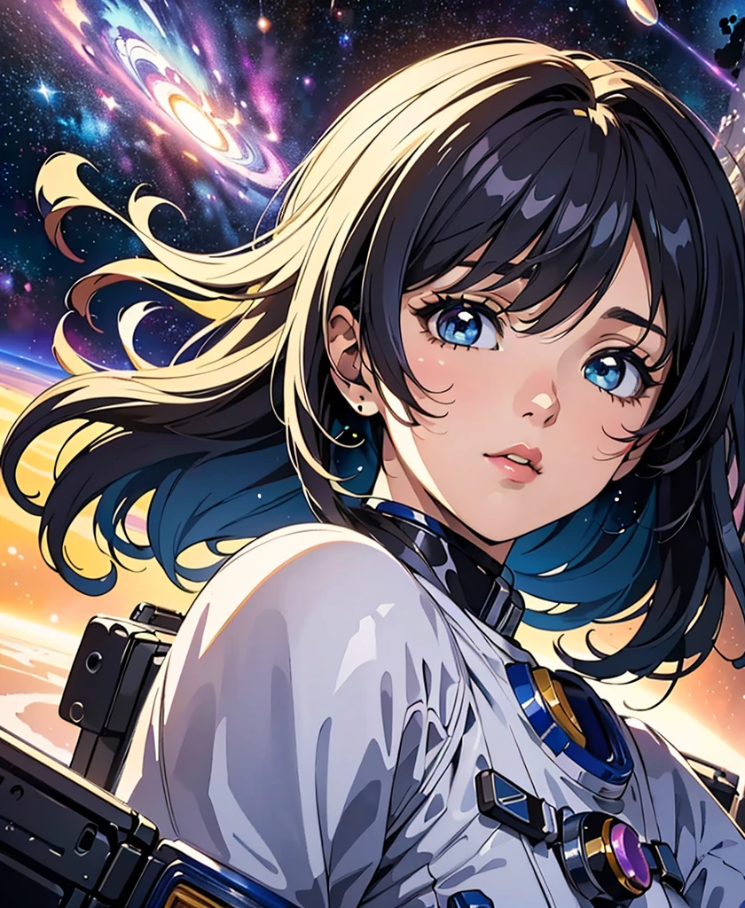 (Highest quality, masterpiece, colorful, Dynamic Angle, highest detailed) fashion photography of cute astronaut girl with long iridiscent colorful hair, In space (Intricate details, hyperdetailed:1.15), detailed, Sunlight passing through the hair, (Beautiful galaxy background), (Official Space Art, extreme detailed, highest detailed), High resolution+