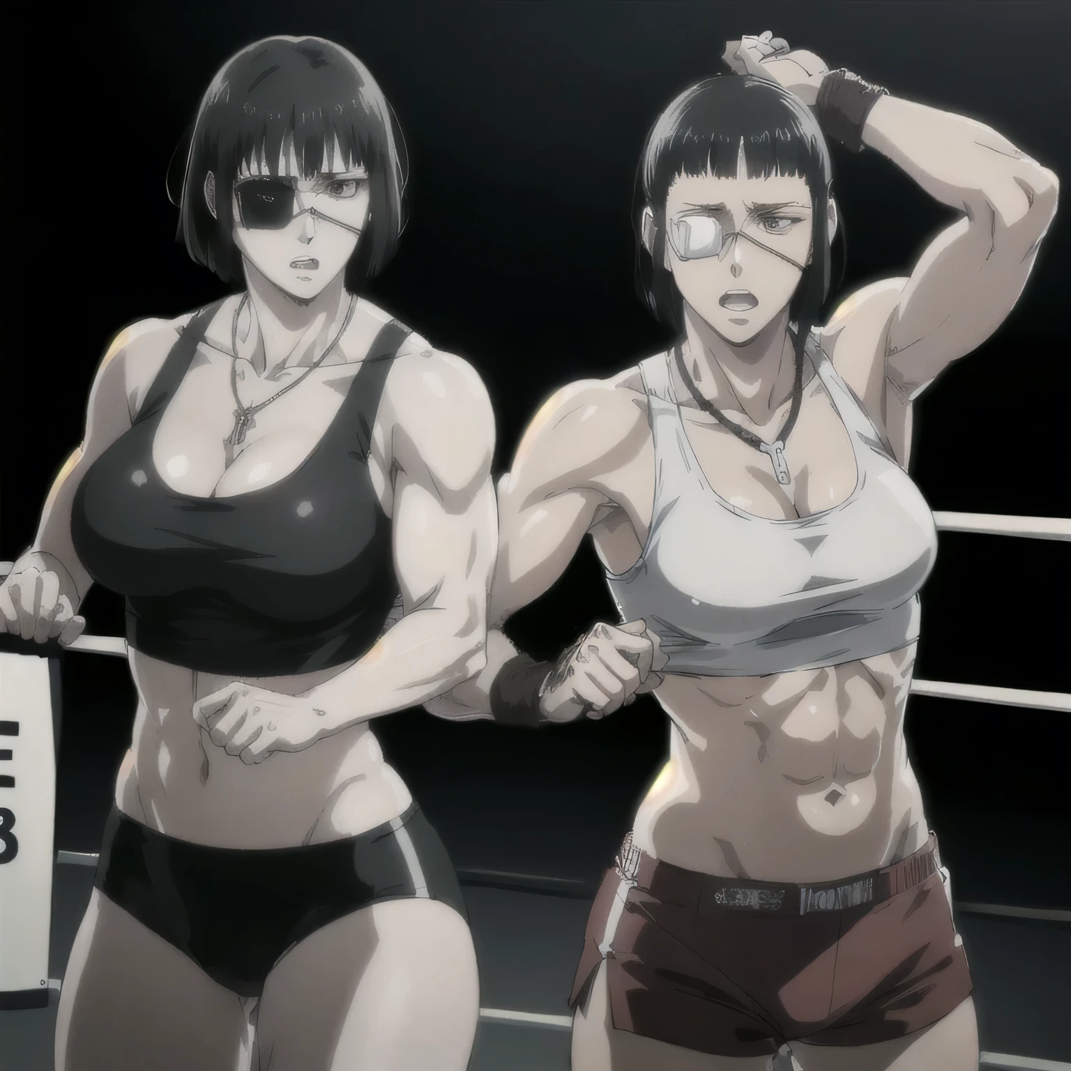 (best quality,ultra-detailed,realistic:1.37),musclaur badass girl with sculpted body have a tattoos wearing tank top and male boxing shorts, full review of the female character's face and body, intense expression, strong and confident posture, studio lighting, vivid colors, physiologically-based rendering, grungy texture, rugged background, dust particles in the air, commanding presence, professional, powerful, gritty aesthetics,Valmet،short hair,necklace,six-pack,eyepatch,boxing,handsome look,Inside a boxing ring