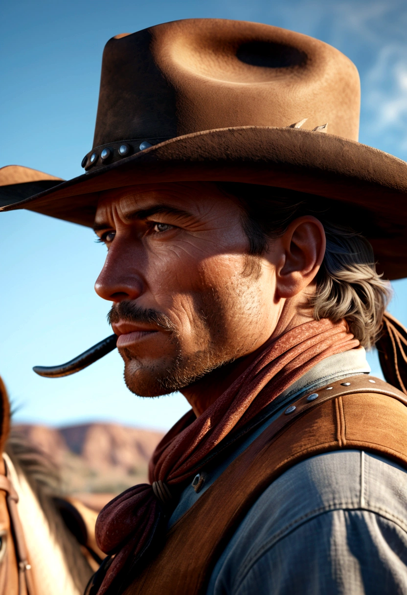 He has combed brown hair and a somewhat unkempt beard. His eyes are brown. Use John Marston from Red Dead Redemption as a reference but dark. He wears a hat with a feather. He also has a scar on his face. He is American, with a strong sense of brotherhood, and is always seen smoking. I would like the art to be in a fantasy RPG style, set in the old west.