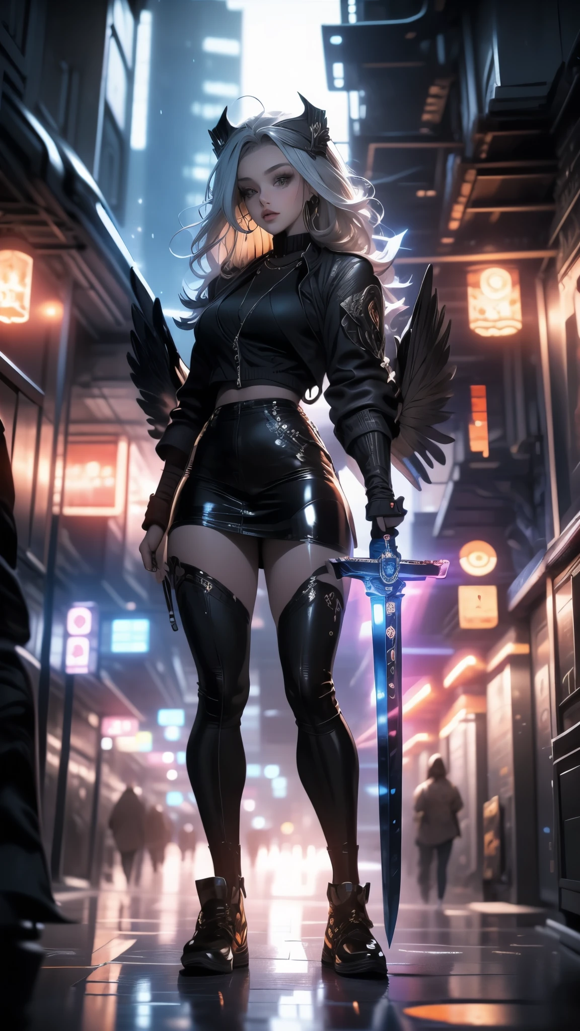 3D impressionist illustration, Masterpiece, High Contrast, A Russian girl in her early 20s with ash grey hair, fallen Angel, Black Angel, Ultra-near-future weapons, Full body portrait, Uplifting, A brave sword-wielding man, Uplifting, High Contrast, A futuristic city in the background, Gorgeous, A night view smattering with brilliant colors, hard rainy