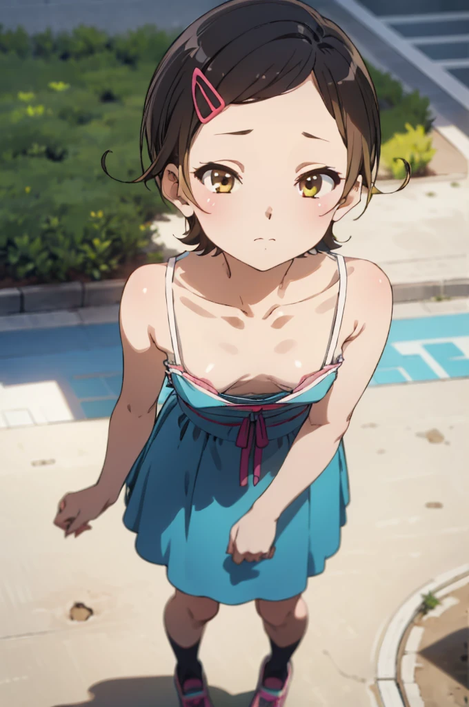 ,,(petite), 1girl, looking at viewer, , hazuki katou,,,, ,park,,medium breasts,(expressionless),summer dress,nipple,perfect lighting,perfect shadow,socks,