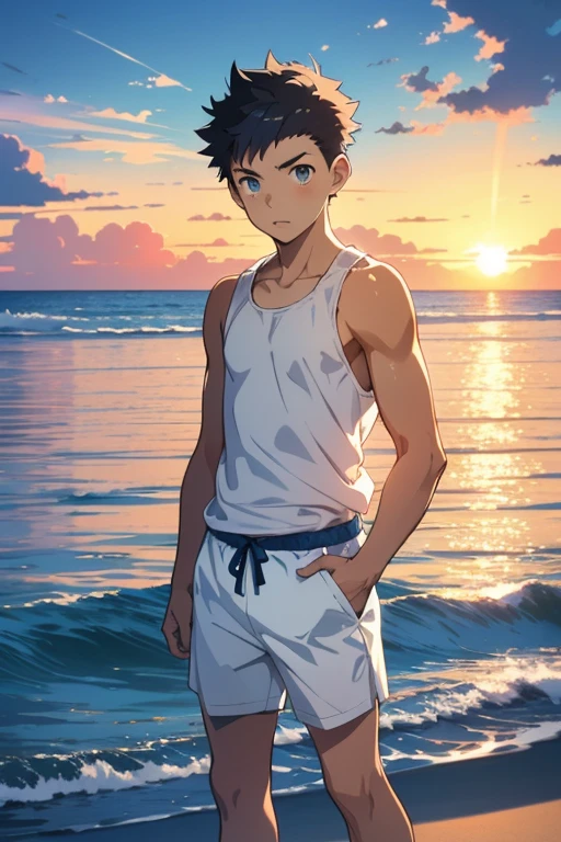 anime - along the sea, １Boy, 15-year-old, Embarrassed look, short pants, tank top, Short spiked Hair, Slender, Eyes Wide Open, Makoto Shinkai style, pale blue sky, pale blue sea, ultra high quality, ultra detailed, detailed face, sunset, 