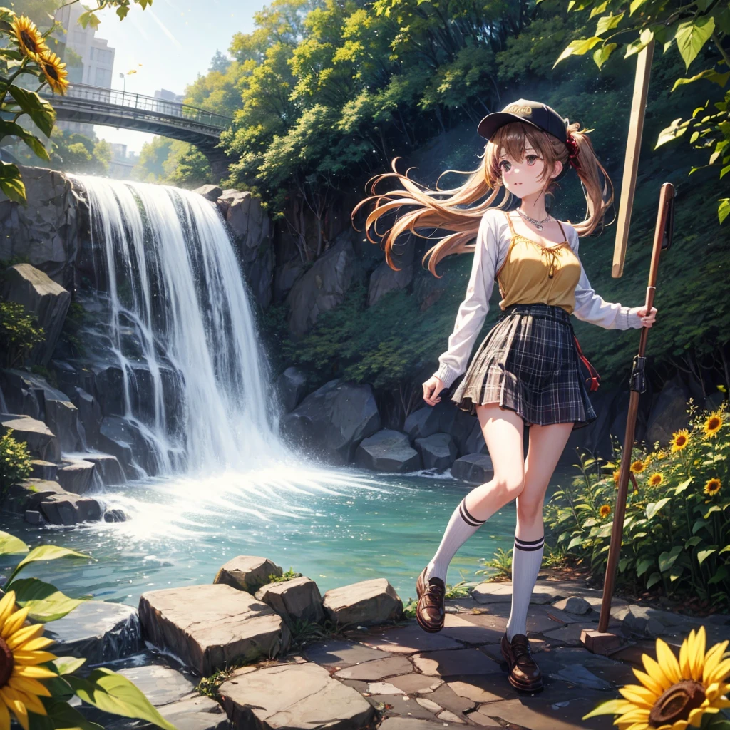 Red, brown, gold, gold hair、Golden Eyes、Hair tied up、One good looking girl、solo、anime、Checkered mini skirt、Ruffles on the skirt、camisole、Lightweight cardigan、Black knee-high socks、Wearing a baseball cap、Ribbon、Ribbon on waist、Teeth are visible、Silver coin necklace、From above、Sunflower Tunnel、Cobblestones、waterfall、Have sunflowers、Starry Sky、Midnight Moon、Winding Road、Unlocking、suspension bridge、Soap bubbles are flying
