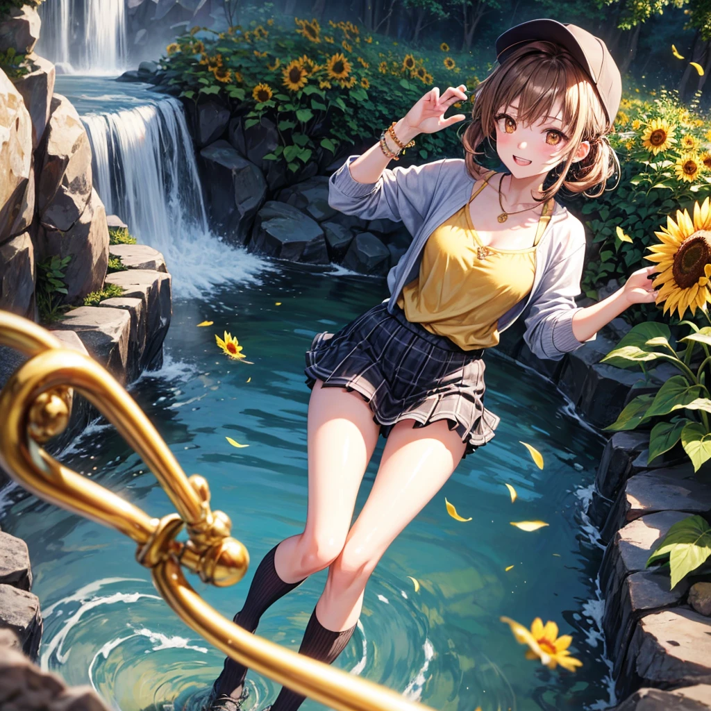 Red, brown, gold, gold hair、Golden Eyes、Hair tied up、One good looking girl、solo、anime、Checkered mini skirt、Ruffles on the skirt、camisole、Lightweight cardigan、Black knee-high socks、Wearing a baseball cap、Ribbon、Ribbon on waist、Teeth are visible、Silver coin necklace、From above、Sunflower Tunnel、Cobblestones、waterfall、Have sunflowers、Starry Sky、Midnight Moon、Winding Road、Unlocking、suspension bridge、Soap bubbles are flying