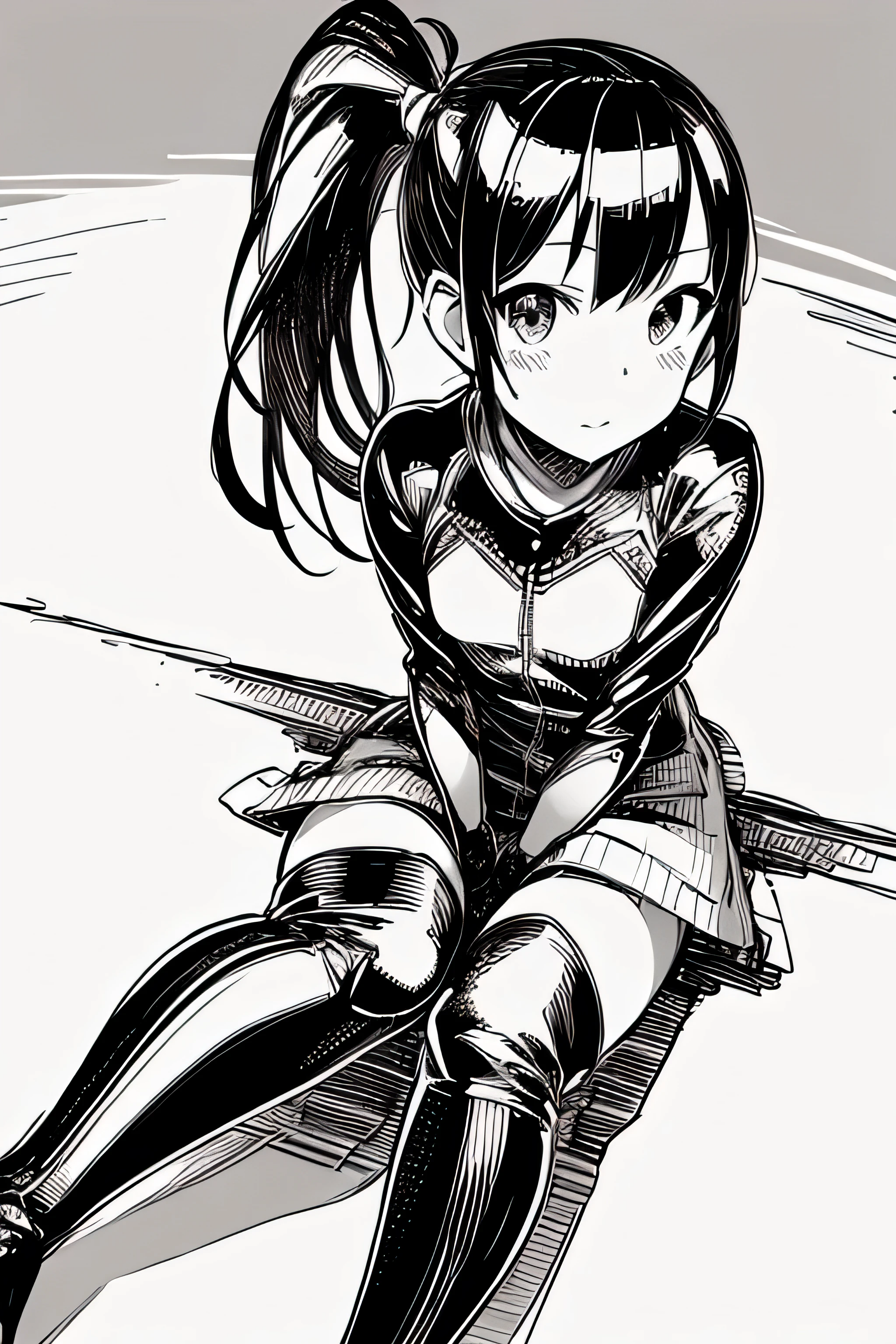 pen_sketch_style、One Girl、solo、Ink-like、sketchした、The Face of Japan、Knotted high ponytail、Sparkling eyes、Pilot Suit、Knee-high boots、