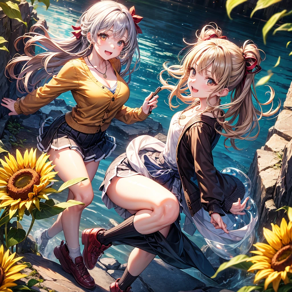 Red, brown, gold, gold hair、Golden Eyes、Hair tied up、One good looking girl、solo、anime、Checkered mini skirt、Ruffles on the skirt、camisole、Lightweight cardigan、Black knee-high socks、Wearing a baseball cap、Ribbon、Ribbon on waist、Teeth are visible、Silver coin necklace、From above、Sunflower Tunnel、Cobblestones、waterfall、Have sunflowers、Starry Sky、Midnight Moon、Winding Road、Unlocking、suspension bridge、Soap bubbles are flying