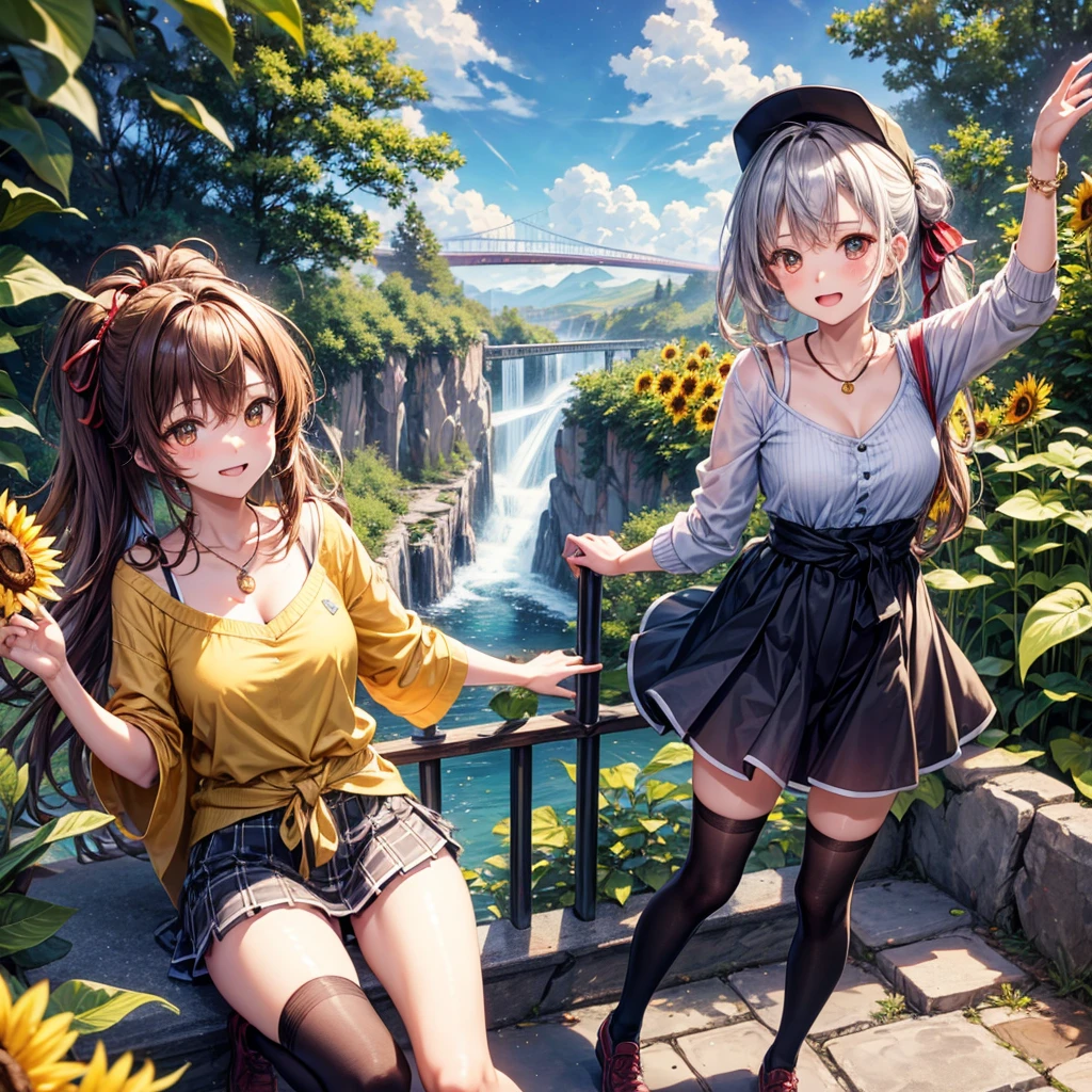 Red, brown, gold, gold hair、Golden Eyes、Hair tied up、One good looking girl、solo、anime、Checkered mini skirt、Ruffles on the skirt、camisole、Lightweight cardigan、Black knee-high socks、Wearing a baseball cap、Ribbon、Ribbon on waist、Teeth are visible、Silver coin necklace、From above、Sunflower Tunnel、Cobblestones、waterfall、Have sunflowers、Starry Sky、Midnight Moon、Winding Road、Unlocking、suspension bridge、Soap bubbles are flying