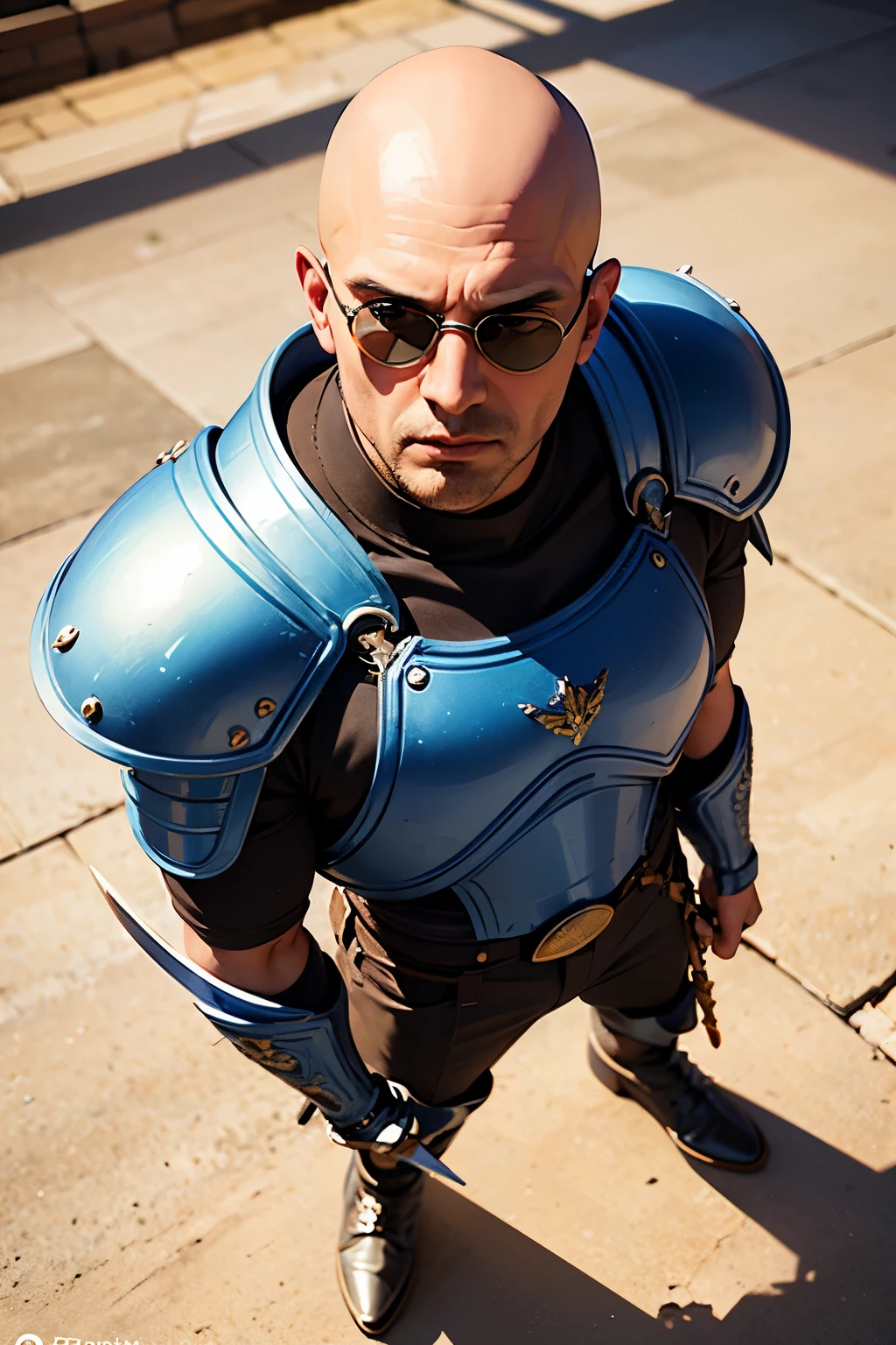 masterpiece, best quality, ultra-detailed, extremely detailed, 4K, 8K, best quality, beautiful, dynamic angle, full body, in the middle, look down from above, a handsome man, man, solo, skinhead, beautiful brown eyes, beautiful eyes, sunglasses, cool,Brave man, blue knight's armor,sword and shield