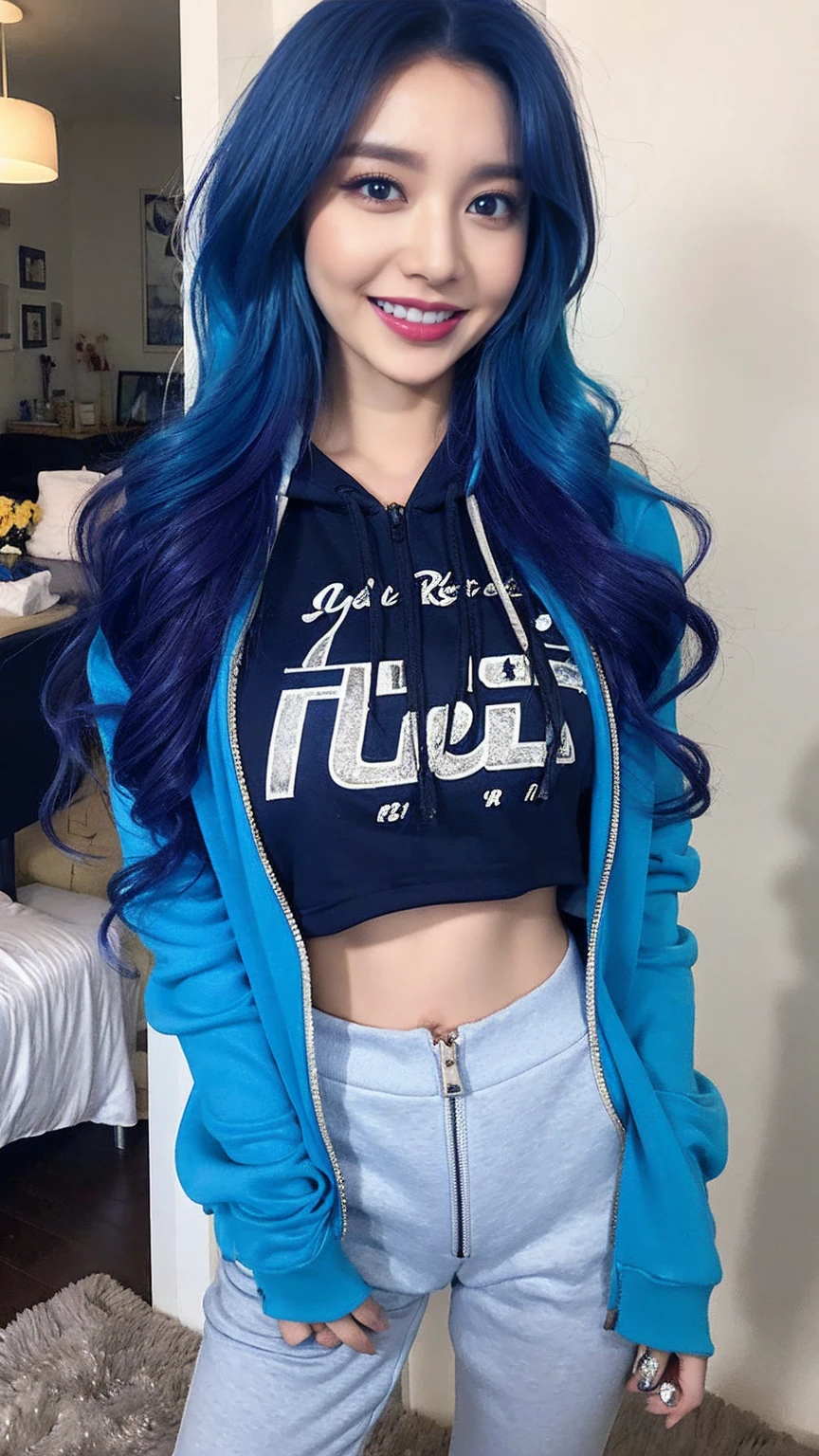 1 female,Messy Hair, Blue Hair, replace, Rock star hairstyles and outfits, Glam Rock Makeup, smile, Blue lipstick, indoor, Blue no-zip hoodie, cropped hoodie, Big Breasts, bikini, Bright colors, Vibrant colors, Bright Blue Eyes, jewelry