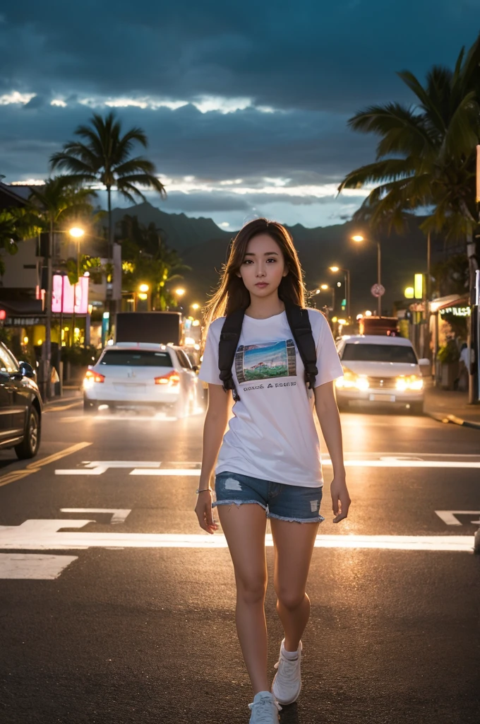 Highest quality, masterpiece, High resolution, 1 Girl,Tyndall effect,Realistic,,(High definition skin:1.2), 8K UHD, , Frank, High resolution, 4K, 8k T-shirt,Full body photo,Streets of Hawaii