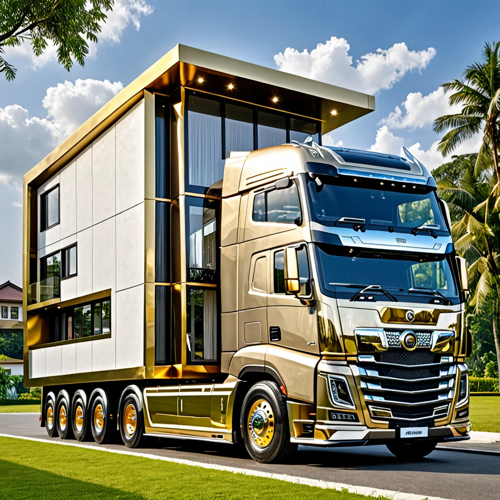 Best quality, Masterpiece, a modern truck which has a modern house on it, truck house, gold