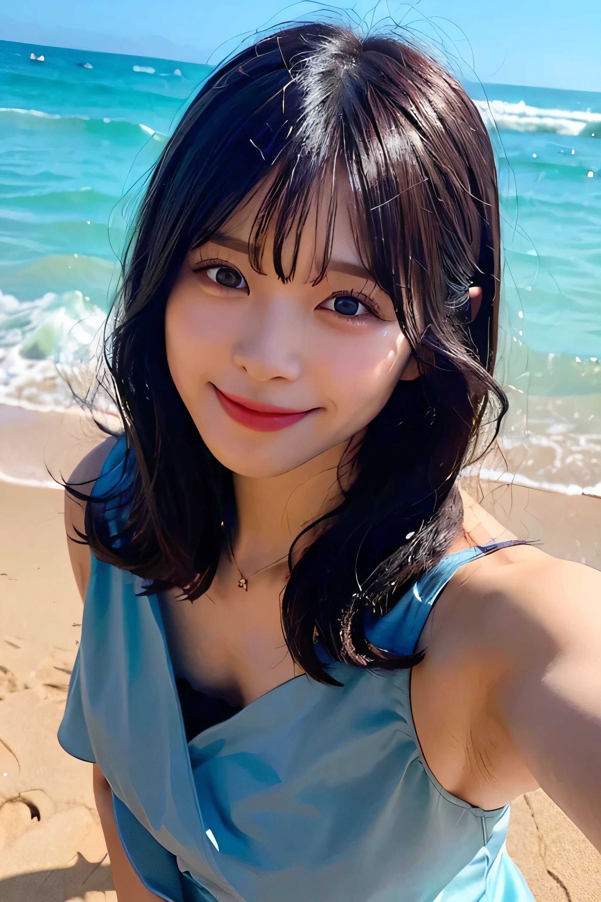 (top-quality、8K、32k、masuter piece、nffsw:1.2)、profile、(slim figure:1.2)、(s lips) 、17 age、Show your teeth and smile、bob cuts、Colossal 、double eyelid、shinny skin、Realistic rayare、beauitful face、(A smile:1.3)、crouching down、(From above:1.2)、(a closeup:1.4)、blurry backround、(Front Focus)、(dark: 1.6)、Fantasy Art、photoRealstic、Professional Lighting、extra detailed face、Award-winning、deep-shadows、swimming beach