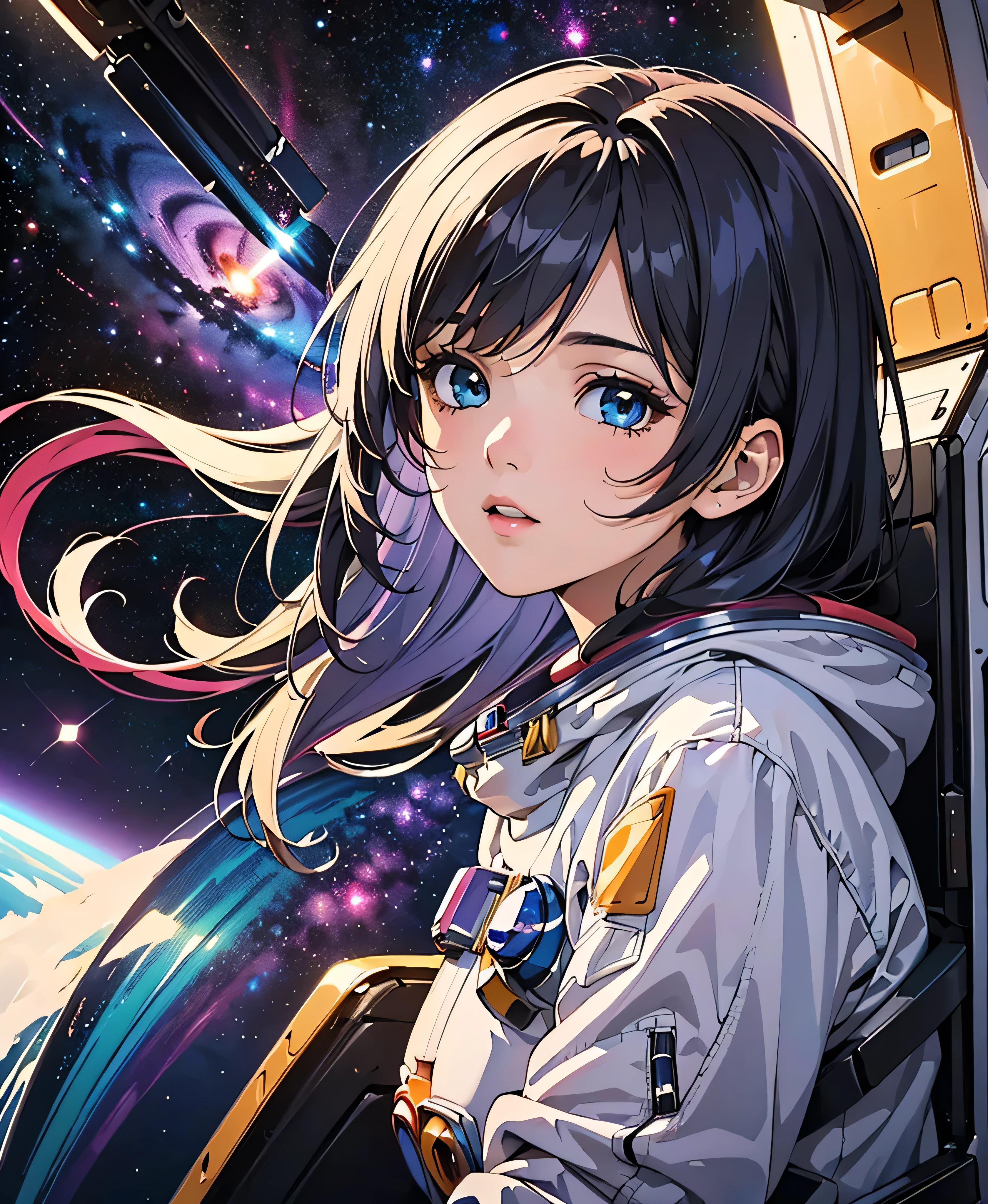 (best quality, masterpiece, colorful, dynamic angle, highest detailed) fashion photography of cute astronaut girl with long iridiscent colorful hair, in space (intricate details, hyperdetailed:1.15), detailed, sunlight passing through hair, (beautiful galaxy background), (official space art, extreme detailed, highest detailed), HDR+