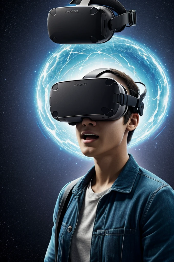 An individual in the center of the image, taking off a virtual reality headset or exiting a digital simulation, with an expression of amazement upon discovering a different and more complex physical world.