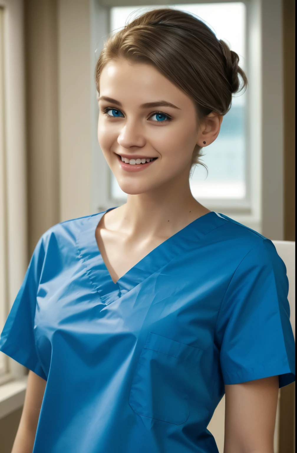 Ultra realistic, Cinematic,young surgigal nurse, swedish teeanger girl, 17 years, blonde hair , standing, working in surgery, body, pale skin, beautiful face, big smile, detailed face, ultra soft and ultra light slight small ultra dark-ocean blue women hospital scrubs, dark ocean-blue hospital scrubs, wide angle showing full body, hospital ward, people, bokeh, short hair tied up as hair bun / Chignon