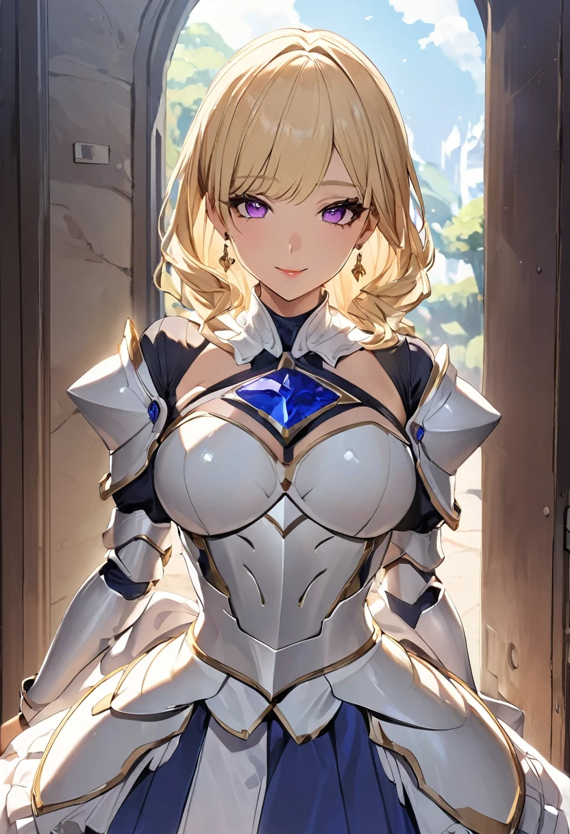 masterpiece、Highest quality、Ultra-high resolution、Maximum resolution、Very detailed、Professional Lighting、anime、Adult female、thin、so beautiful、Beautiful Face、Maid Skirt、((Blue and white armor))、Shiny Armor、Holding a bow、Gold earrings、blonde、Purple eyes、Pink Lips、In front of the entrance、Long Shot