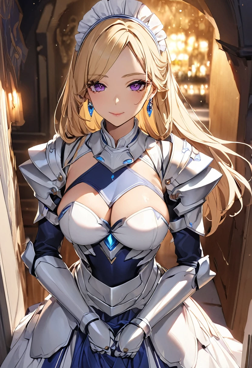masterpiece、Highest quality、Ultra-high resolution、Maximum resolution、Very detailed、Professional Lighting、anime、Adult female、thin、so beautiful、Beautiful Face、Maid Skirt、((Blue and white armor))、Shiny Armor、Holding a bow、Gold earrings、blonde、Purple eyes、Pink Lips、In front of the entrance、Long Shot