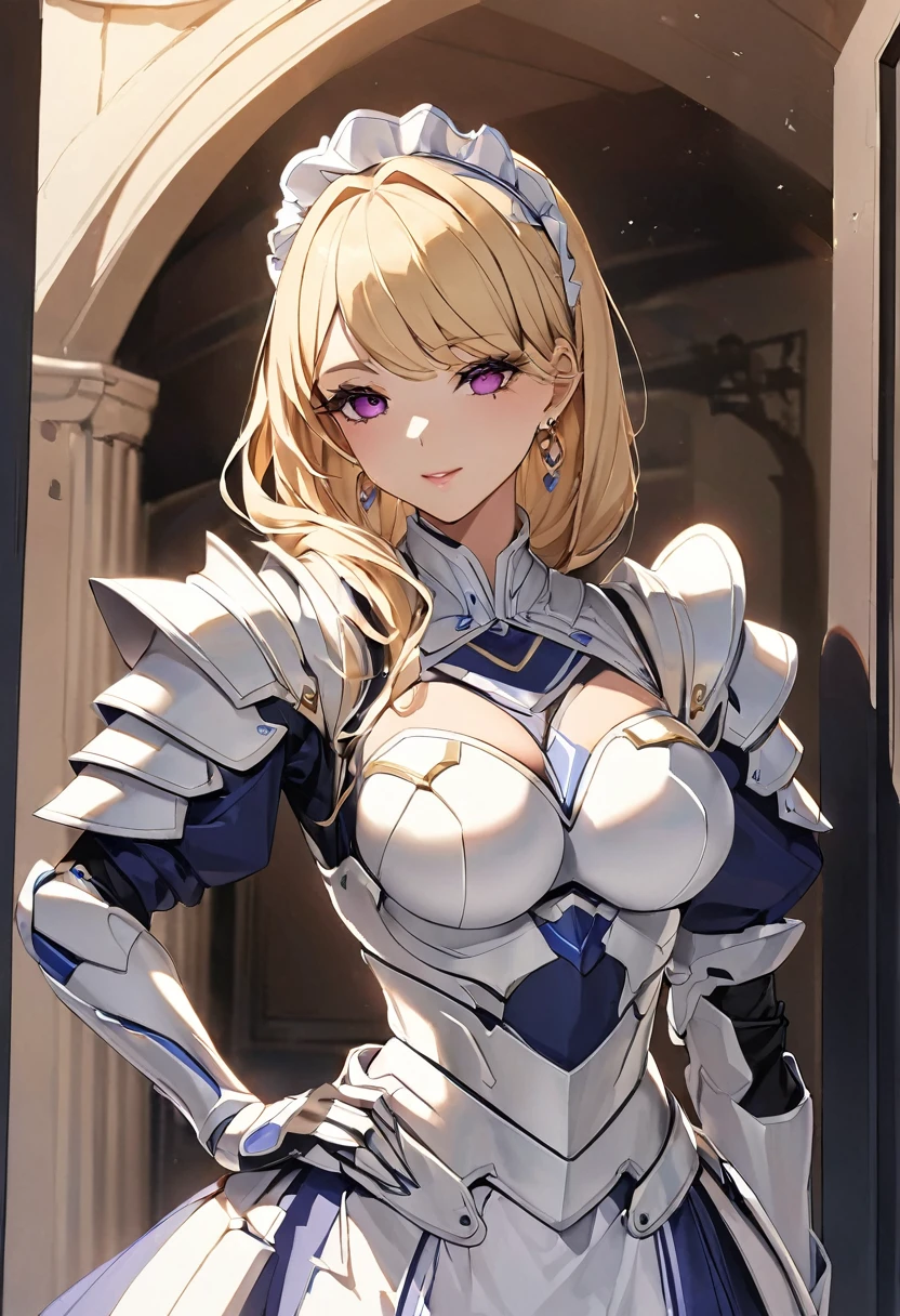masterpiece、Highest quality、Ultra-high resolution、Maximum resolution、Very detailed、Professional Lighting、anime、Adult female、thin、so beautiful、Beautiful Face、Maid Skirt、((Blue and white armor))、Shiny Armor、Holding a bow、Gold earrings、blonde、Purple eyes、Pink Lips、In front of the entrance、Long Shot
